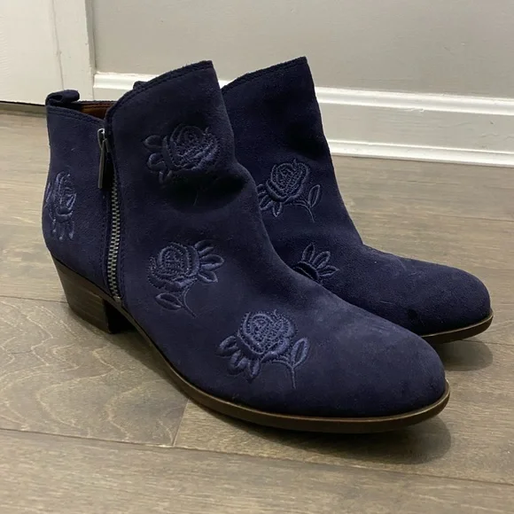 Lucky Brand Navy Blue Embroidered Basal Ankle Boots - Picture 1 of 12